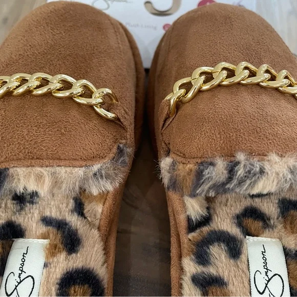 S M L NWT Jessica Simpson brown and gold fuzzy slippers with cheetah print - Picture 6 of 13